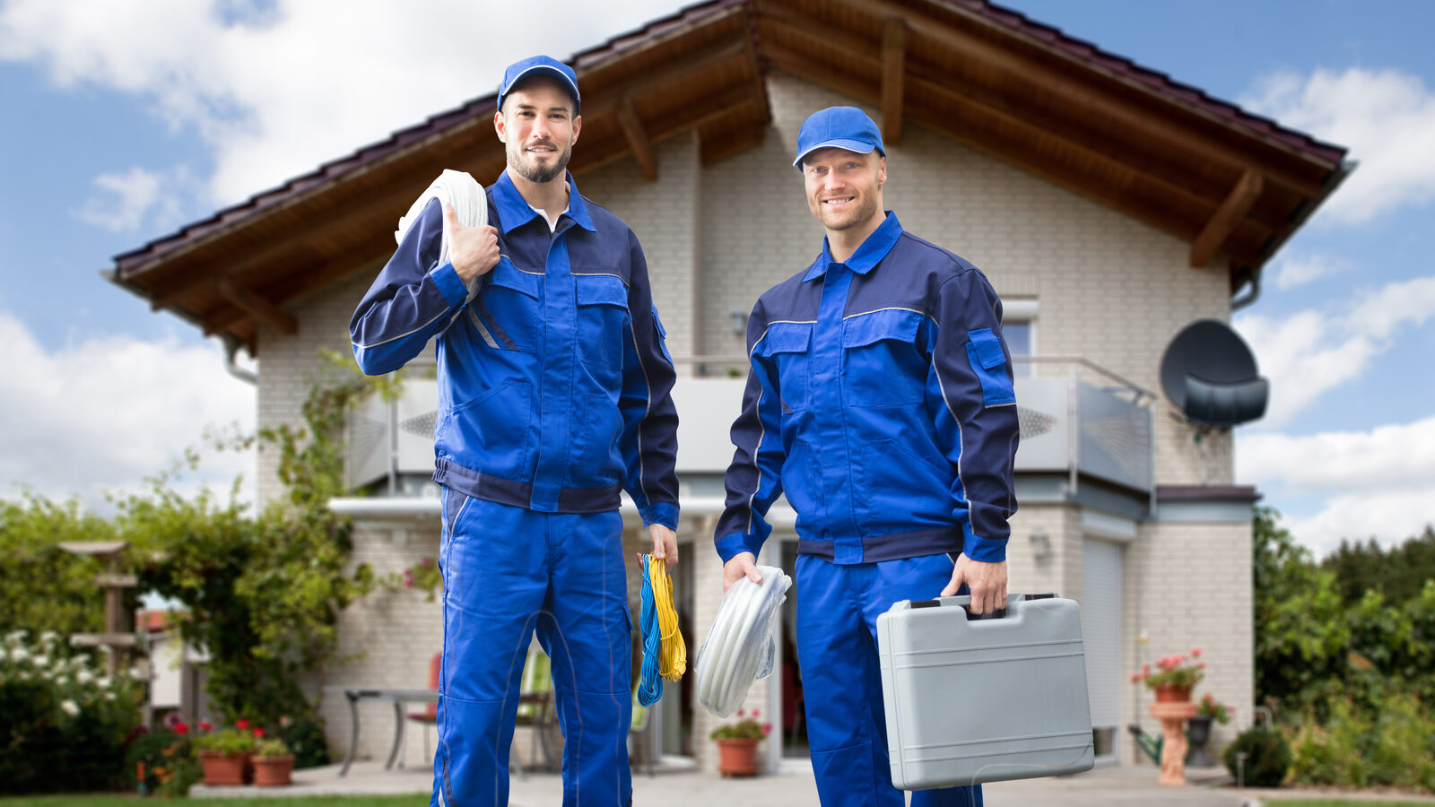 Home services contractors in front of a house