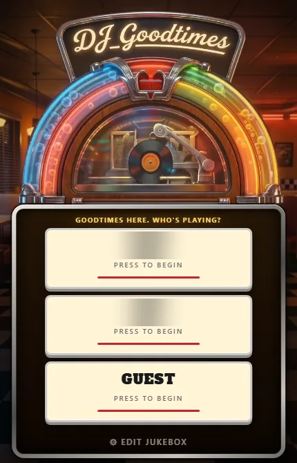 The jukebox app start screen asking who is playing, with two family names blurred and a Guest button