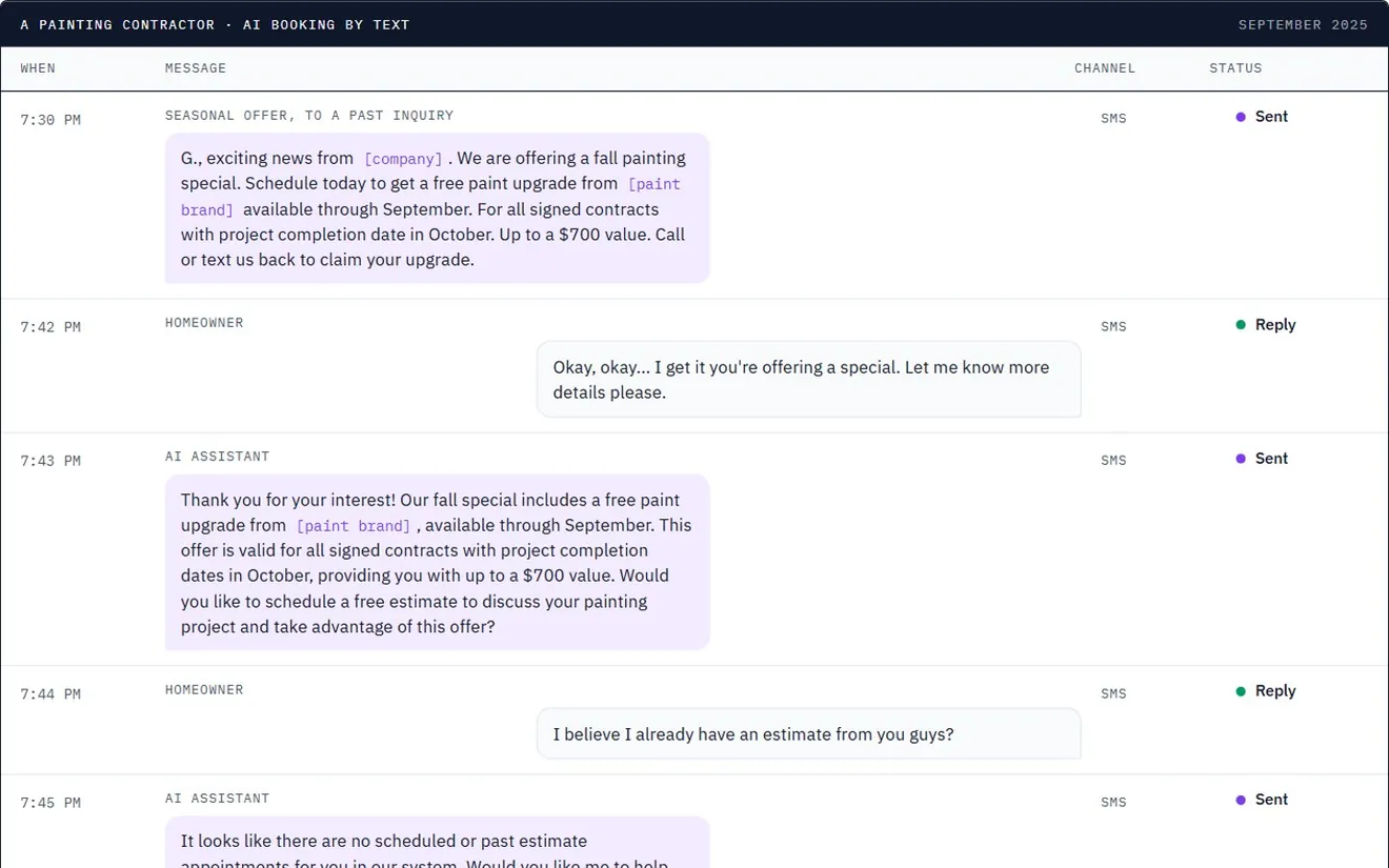 Transcript of a text conversation in which an AI assistant answers a homeowner's questions about a seasonal painting offer